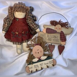 Rustic Primitive Angel Doll Hanging Wooden Signs Watering Can Crazy Hair Bundle